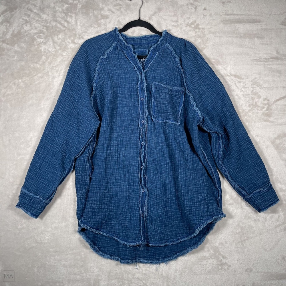 Aerie Women's Blouse Gauzy Coastal Raw Edge Oversized Long Sleeve M Blue